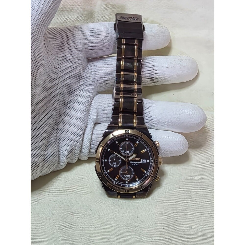Seiko 100M Chronograph Alarm Watch Black & Gold - 7T62 - NEW BATTERY - FREE SHIP - Picture 4 of 5